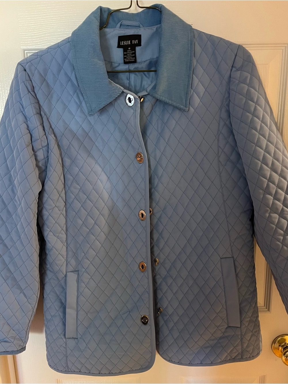Leslie Fay Quilted Baby Blue Snap Jacket with Corduroy Collar